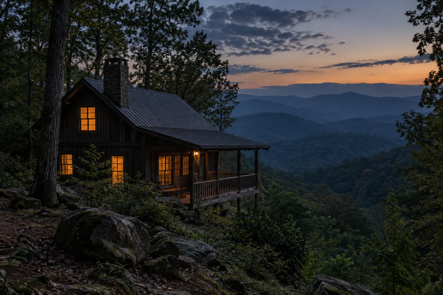 Illustration of a timber cabin with multiple levels overlooking wooded North Georgia mountain ridges